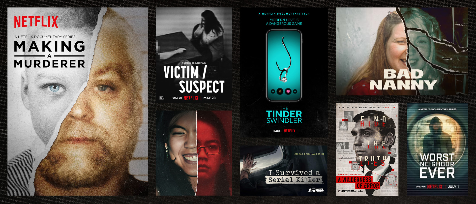 True crime reference board of documentary posters and stills