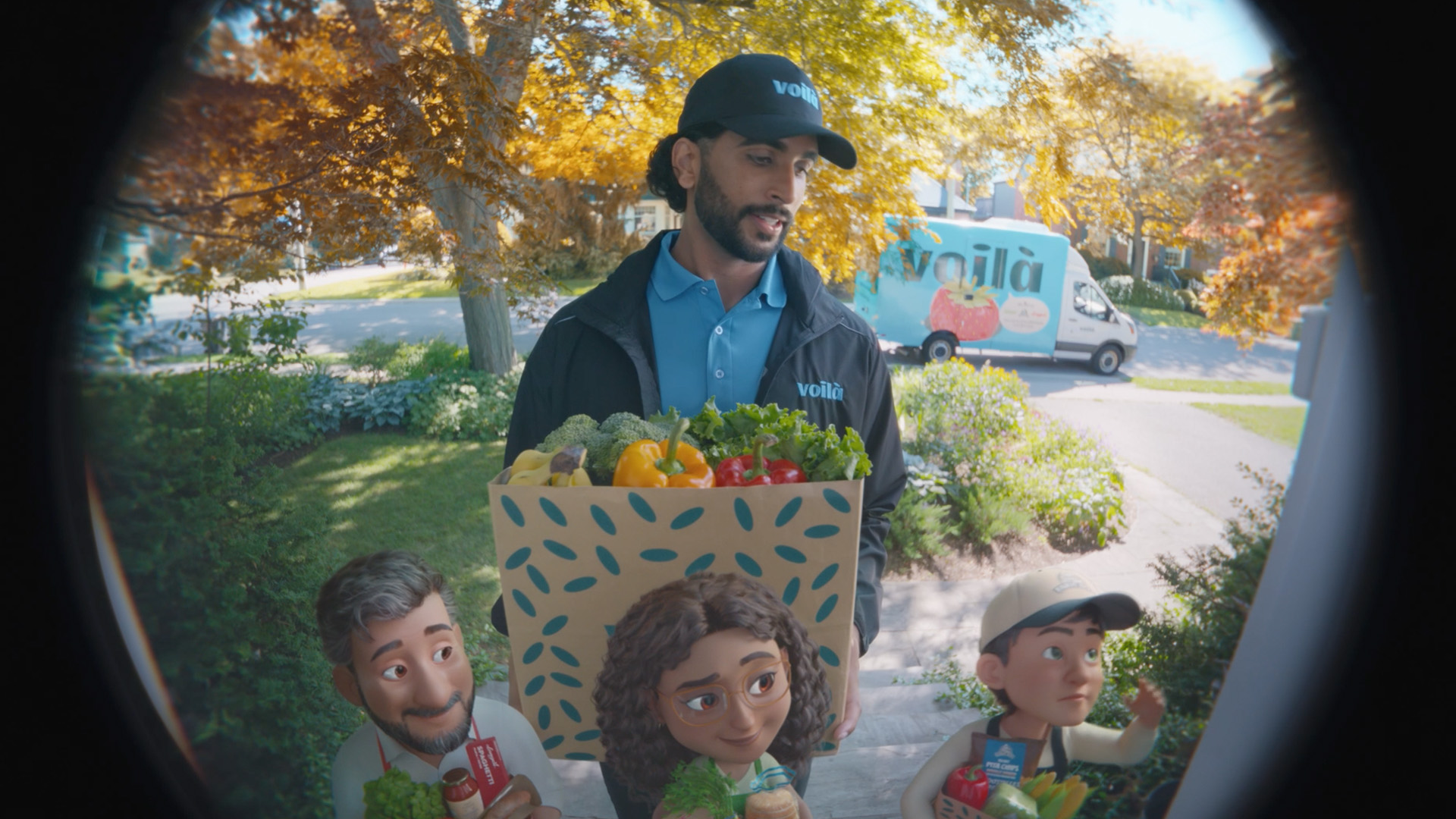 Voilà delivery driver and animated grocery crew at a customer's door