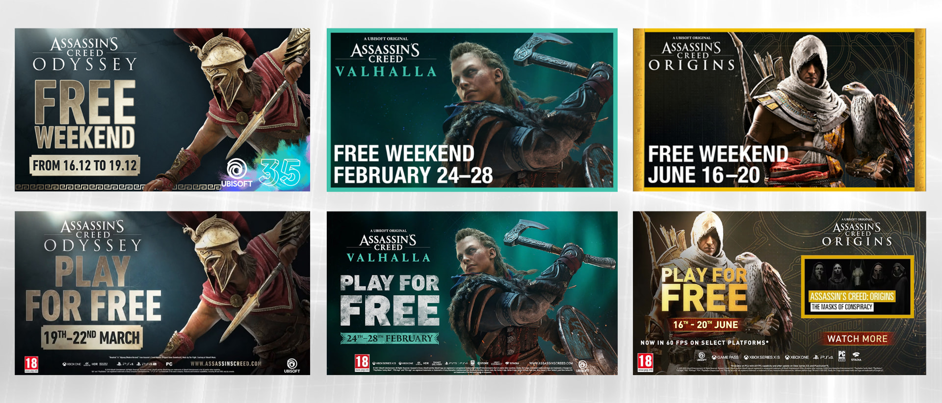Previous Assassin's Creed Free Weekend key art across Odyssey, Valhalla and Origins